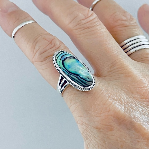 Sterling Silver Statement Abalone Ring, Silver Ring, Seashell Stone, Ocean Shell - Picture 4 of 12